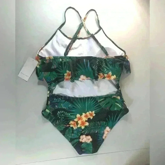 Tropical floral print one piece swimsuit off shoulder ruffle cut out back Large - Picture 5 of 10